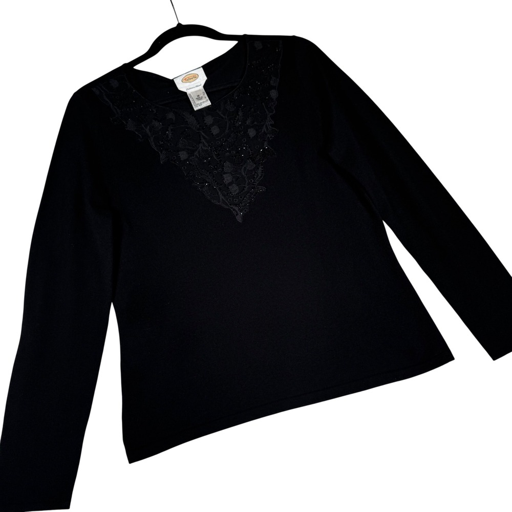 Talbots Black Beaded Lace Neckline Sweater Long Sleeve‎ Cashmere Silk Blend Sz M